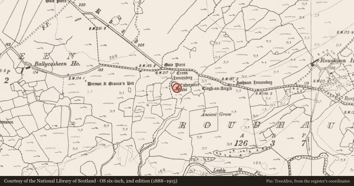 Ordnance Survey six-inch map, 2nd edition (1888–1915) covering the location of Souterrain, Roughaun, County Clare, with a pin at the register's coordinates
