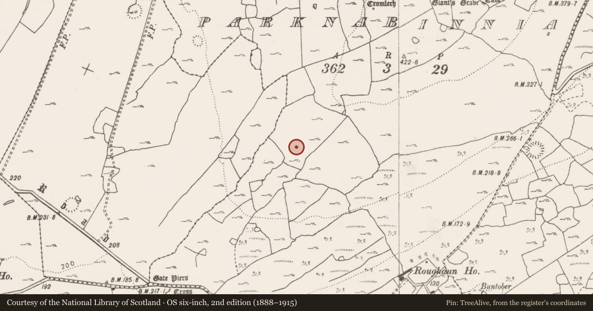 Ordnance Survey six-inch map, 2nd edition (1888–1915) covering the location of Fulacht fia, Parknabinnia, County Clare, with a pin at the register's coordinates