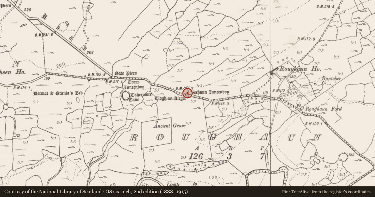 Ordnance Survey six-inch map, 2nd edition (1888–1915) covering the location of Penitential station, Parknabinnia, County Clare, with a pin at the register's coordinates