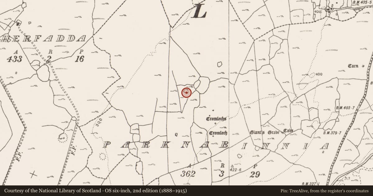 Ordnance Survey six-inch map, 2nd edition (1888–1915) covering the location of Enclosure, Parknabinnia, County Clare, with a pin at the register's coordinates