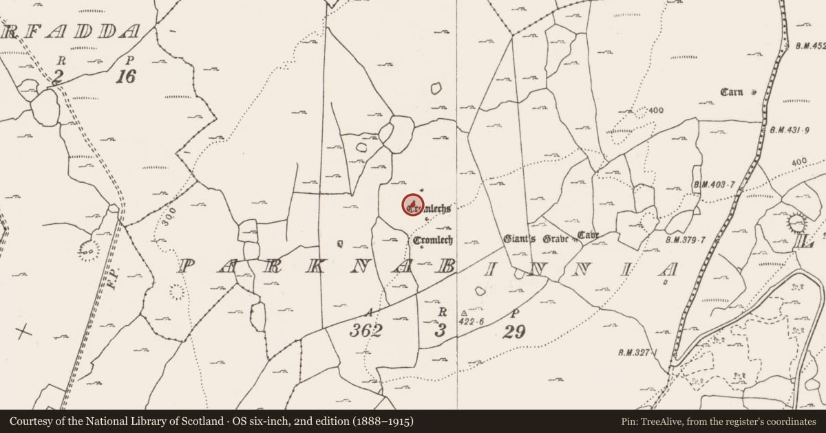 Ordnance Survey six-inch map, 2nd edition (1888–1915) covering the location of Megalithic tomb - wedge tomb, Parknabinnia, County Clare, with a pin at the register's coordinates