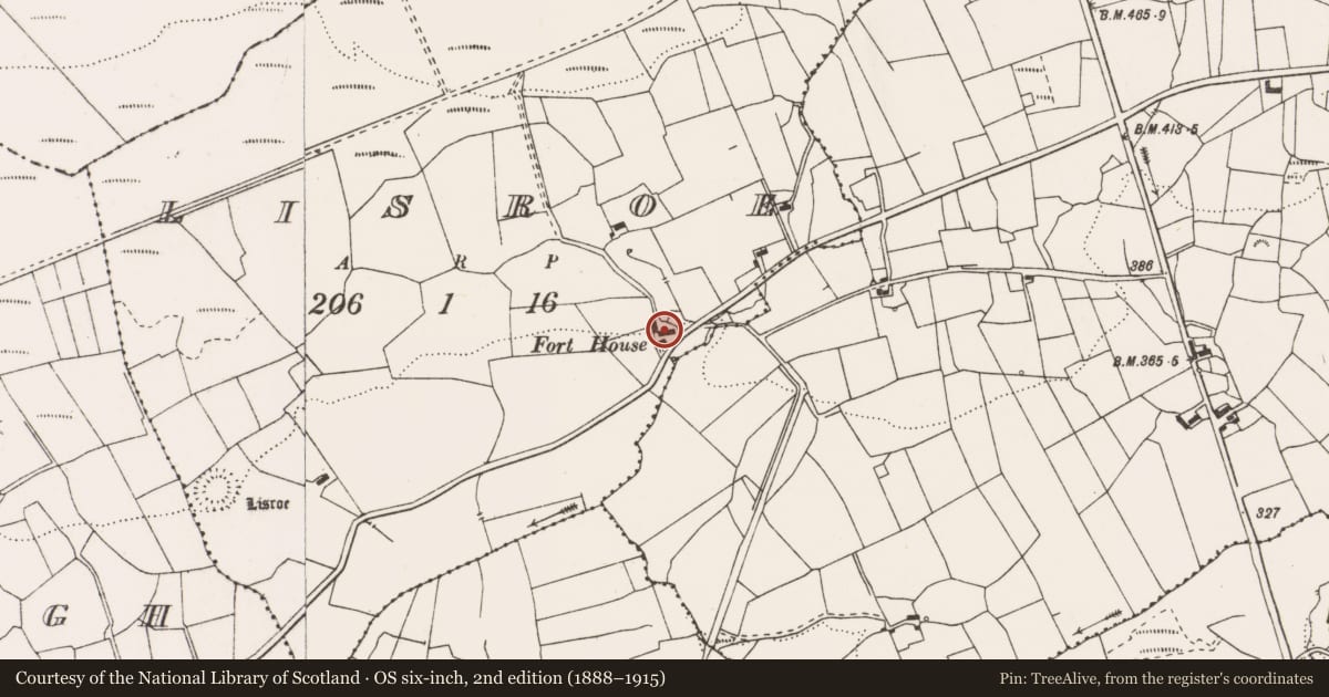 Ordnance Survey six-inch map, 2nd edition (1888–1915) covering the location of Bawn, Lisroe, County Clare, with a pin at the register's coordinates