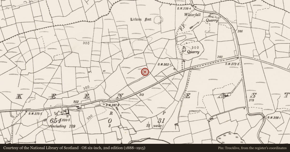 Ordnance Survey six-inch map, 2nd edition (1888–1915) covering the location of Ringfort - rath, Lickeen East, County Clare, with a pin at the register's coordinates
