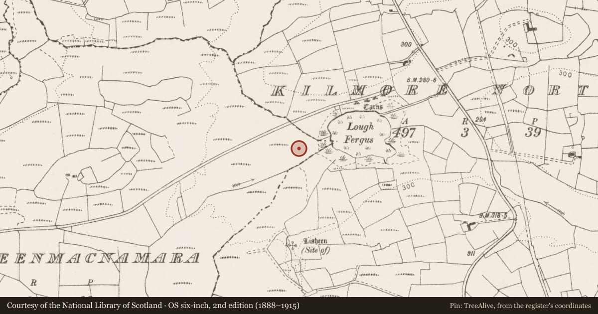 Ordnance Survey six-inch map, 2nd edition (1888–1915) covering the location of Cairn - unclassified, Gorteenmacnamara, County Clare, with a pin at the register's coordinates