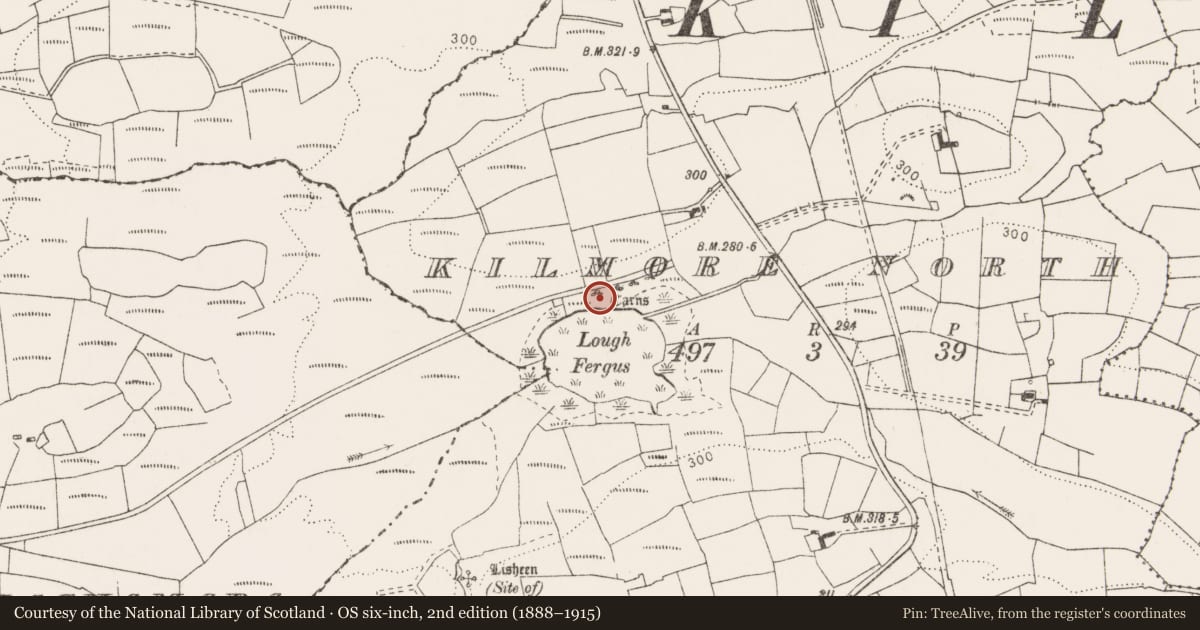 Ordnance Survey six-inch map, 2nd edition (1888–1915) covering the location of Cairn - unclassified, Kilmore North, County Clare, with a pin at the register's coordinates