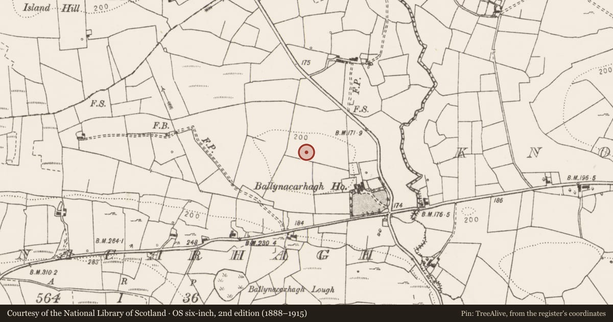 Ordnance Survey six-inch map, 2nd edition (1888–1915) covering the location of Ringfort - rath, Ballynacarhagh, County Clare, with a pin at the register's coordinates