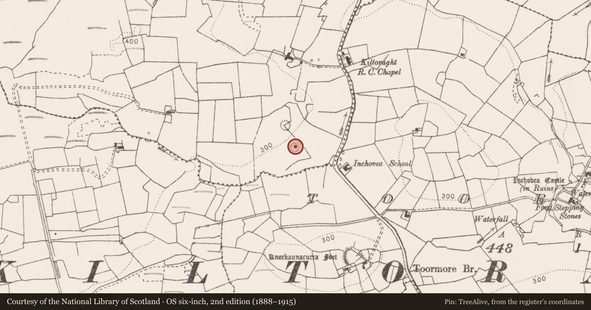 Ordnance Survey six-inch map, 2nd edition (1888–1915) covering the location of Ringfort - rath, Ballynacarhagh, County Clare, with a pin at the register's coordinates