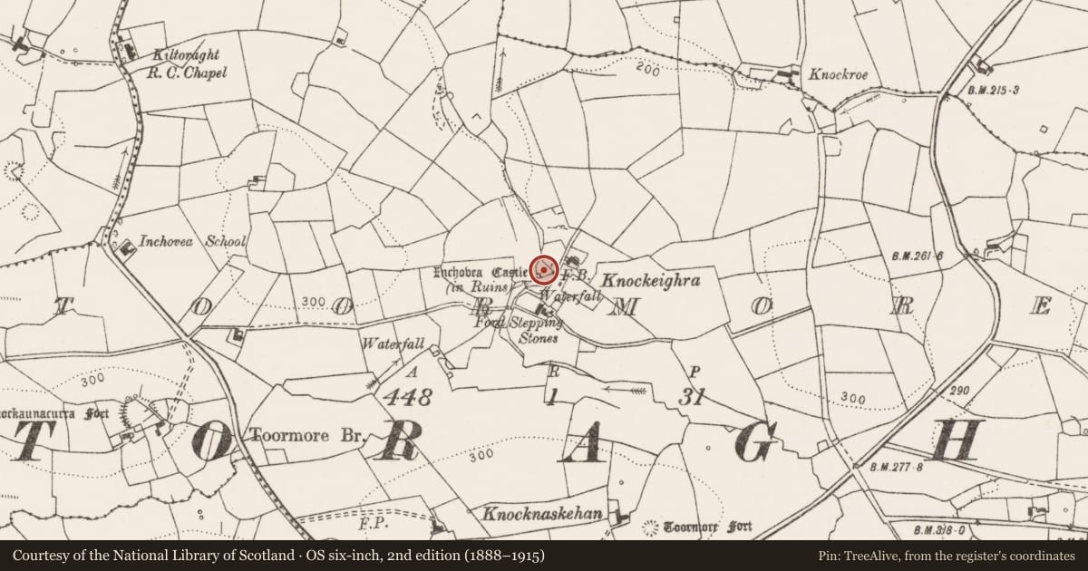 Ordnance Survey six-inch map, 2nd edition (1888–1915) covering the location of Bawn, Toormore, County Clare, with a pin at the register's coordinates