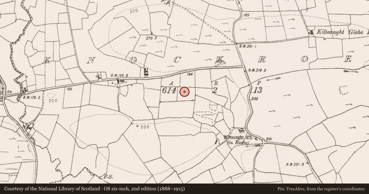 Ordnance Survey six-inch map, 2nd edition (1888–1915) covering the location of Crannog, Knockroe, County Clare, with a pin at the register's coordinates