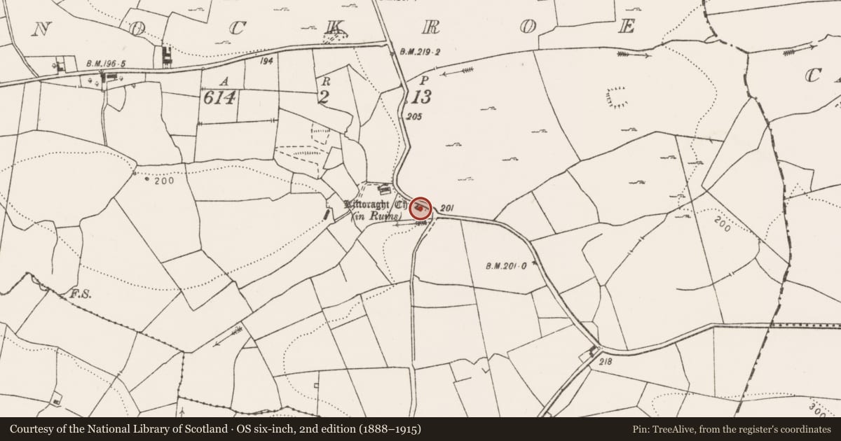 Ordnance Survey six-inch map, 2nd edition (1888–1915) covering the location of Church, Knockroe, County Clare, with a pin at the register's coordinates