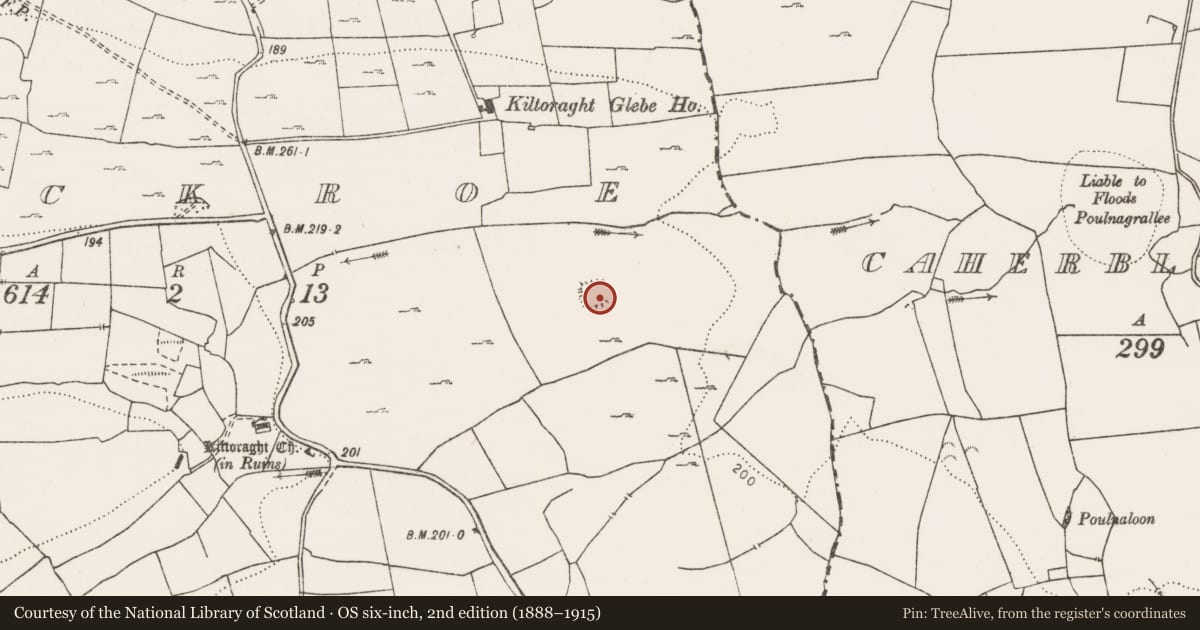 Ordnance Survey six-inch map, 2nd edition (1888–1915) covering the location of Enclosure, Knockroe, County Clare, with a pin at the register's coordinates