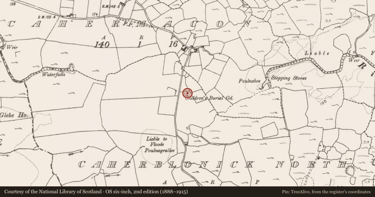 Ordnance Survey six-inch map, 2nd edition (1888–1915) covering the location of Children's burial ground, Caherblonick North, County Clare, with a pin at the register's coordinates