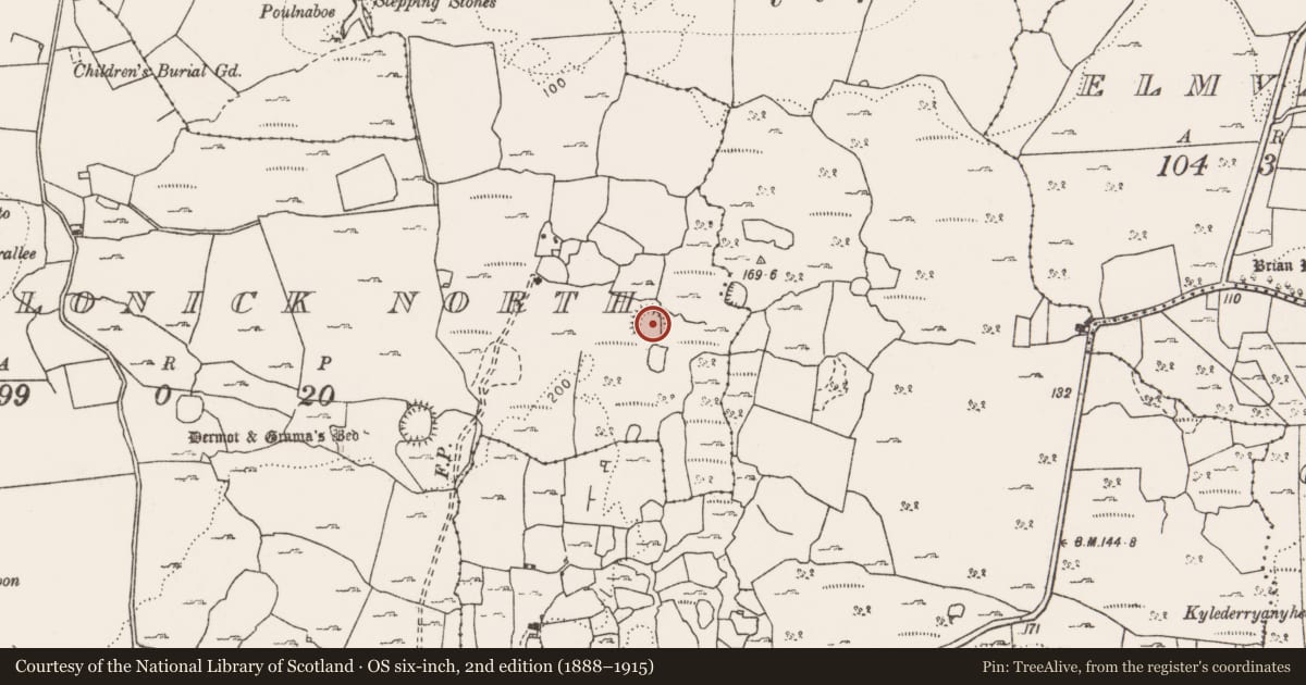 Ordnance Survey six-inch map, 2nd edition (1888–1915) covering the location of Ringfort - cashel, Caherblonick North, County Clare, with a pin at the register's coordinates