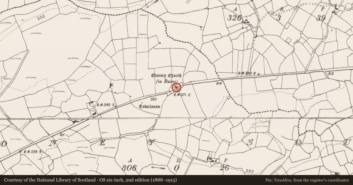Ordnance Survey six-inch map, 2nd edition (1888–1915) covering the location of Graveyard, Clooney South, County Clare, with a pin at the register's coordinates