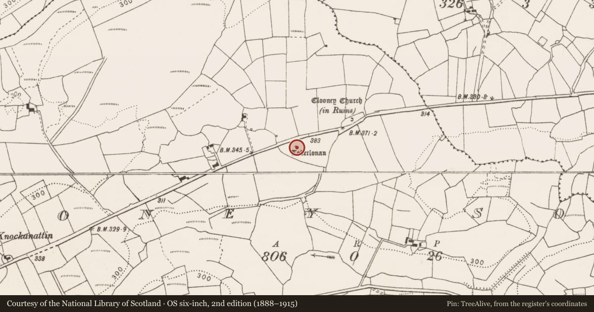 Ordnance Survey six-inch map, 2nd edition (1888–1915) covering the location of Ritual site - holy well, Clooney South, County Clare, with a pin at the register's coordinates