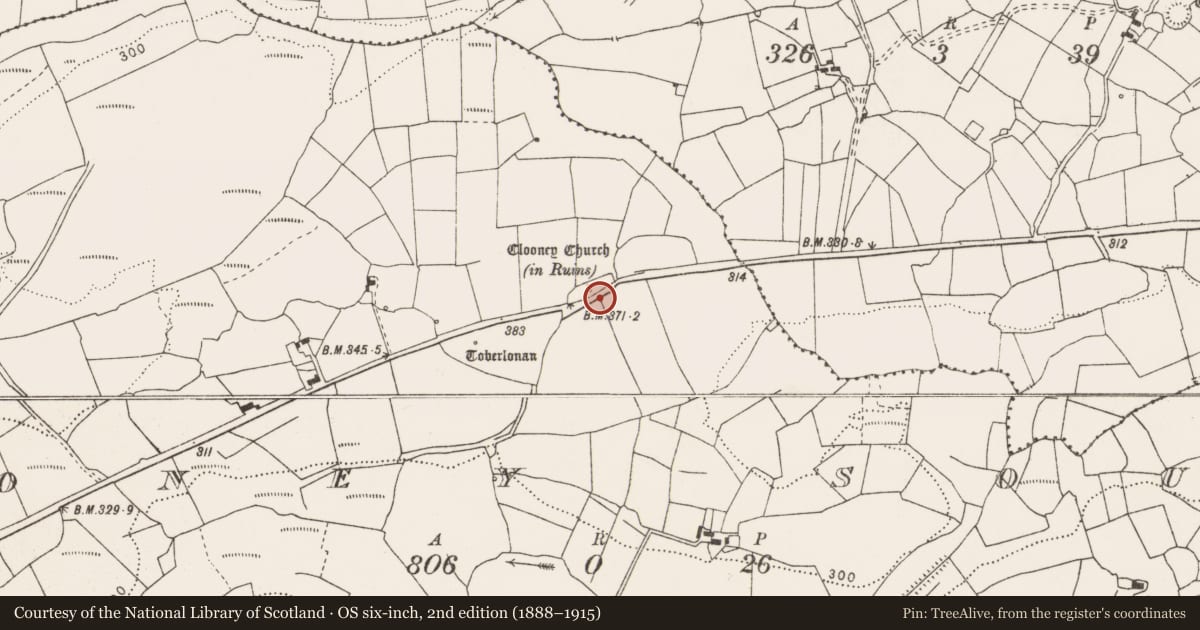 Ordnance Survey six-inch map, 2nd edition (1888–1915) covering the location of Ecclesiastical enclosure, Clooney South, County Clare, with a pin at the register's coordinates