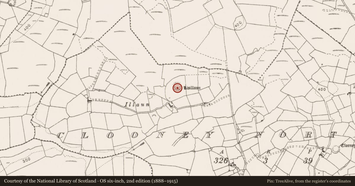 Ordnance Survey six-inch map, 2nd edition (1888–1915) covering the location of Ringfort - rath, Clooney North, County Clare, with a pin at the register's coordinates