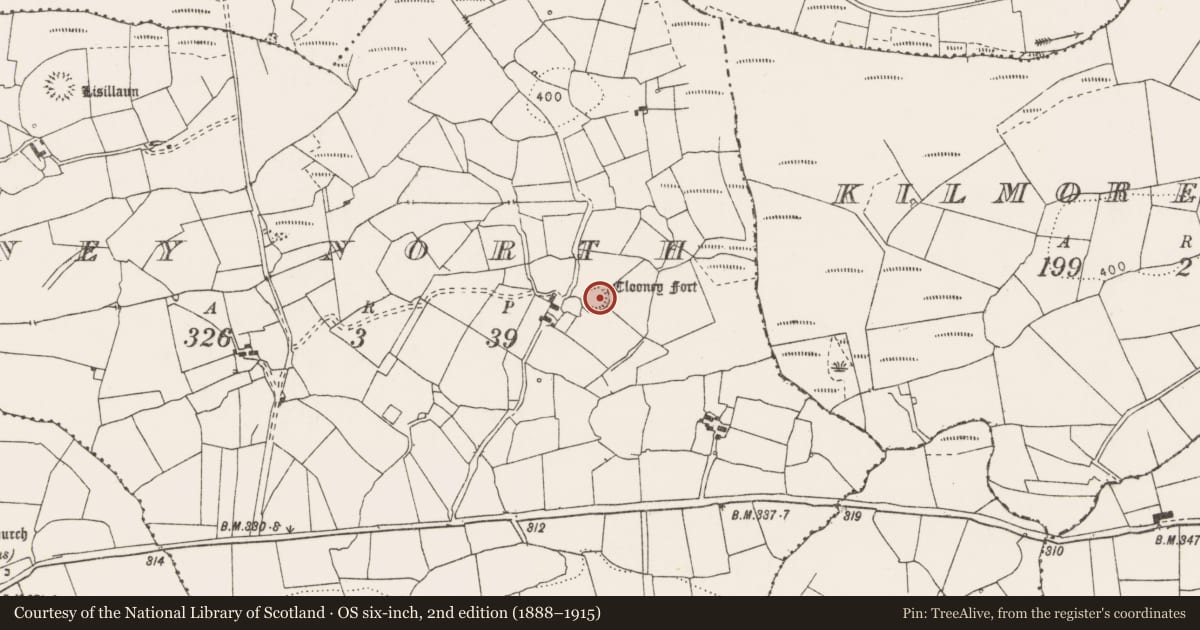 Ordnance Survey six-inch map, 2nd edition (1888–1915) covering the location of Ringfort - rath, Clooney North, County Clare, with a pin at the register's coordinates