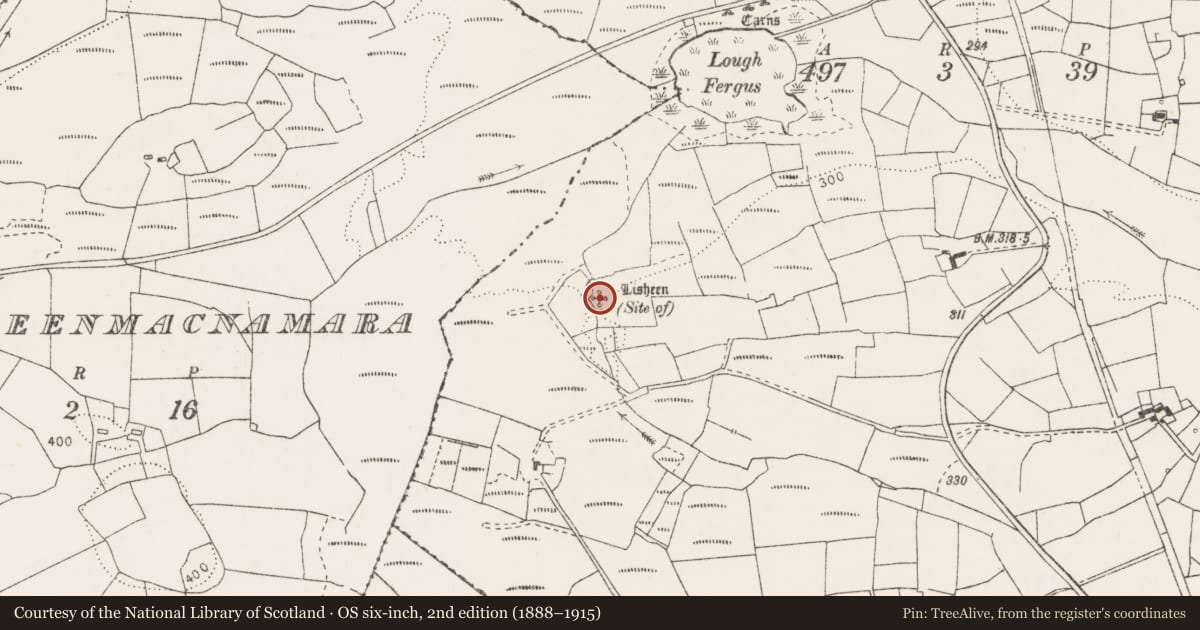 Ordnance Survey six-inch map, 2nd edition (1888–1915) covering the location of Burial ground, Kilmore North, County Clare, with a pin at the register's coordinates
