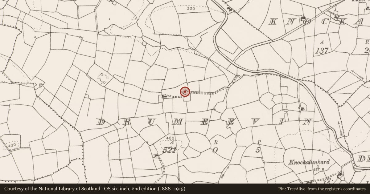 Ordnance Survey six-inch map, 2nd edition (1888–1915) covering the location of Ringfort - rath, Drumeevin, County Clare, with a pin at the register's coordinates