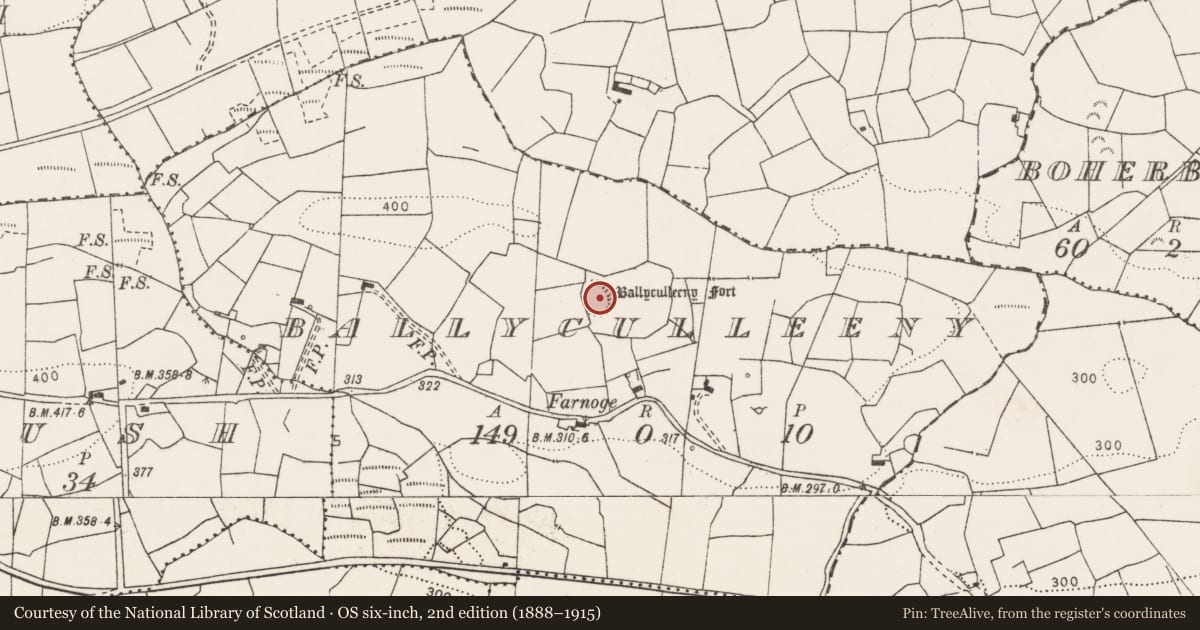 Ordnance Survey six-inch map, 2nd edition (1888–1915) covering the location of Ringfort - rath, Ballyculleeny, County Clare, with a pin at the register's coordinates