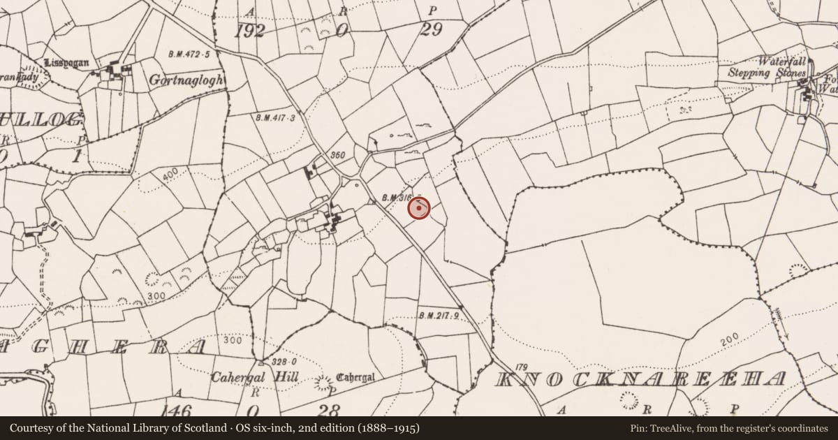 Ordnance Survey six-inch map, 2nd edition (1888–1915) covering the location of Enclosure, Cahermackateer, County Clare, with a pin at the register's coordinates