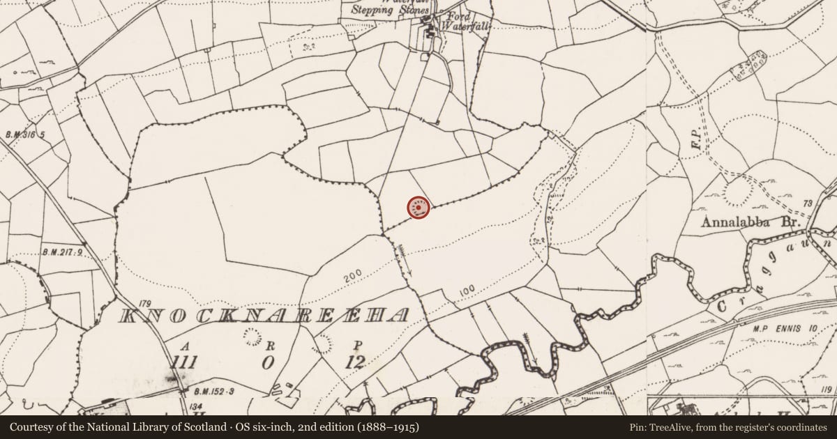 Ordnance Survey six-inch map, 2nd edition (1888–1915) covering the location of Ringfort - rath, Clifden, Carrownagarraun, County Clare, with a pin at the register's coordinates