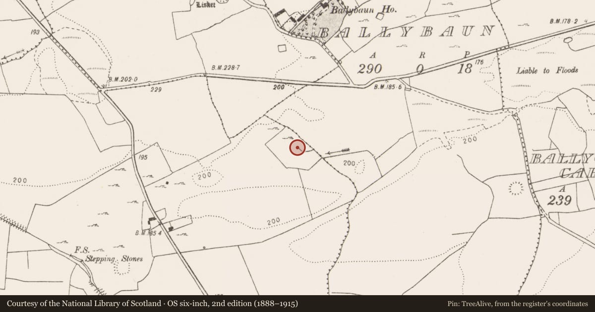 Ordnance Survey six-inch map, 2nd edition (1888–1915) covering the location of Fulacht fia, Clogher, County Clare, with a pin at the register's coordinates