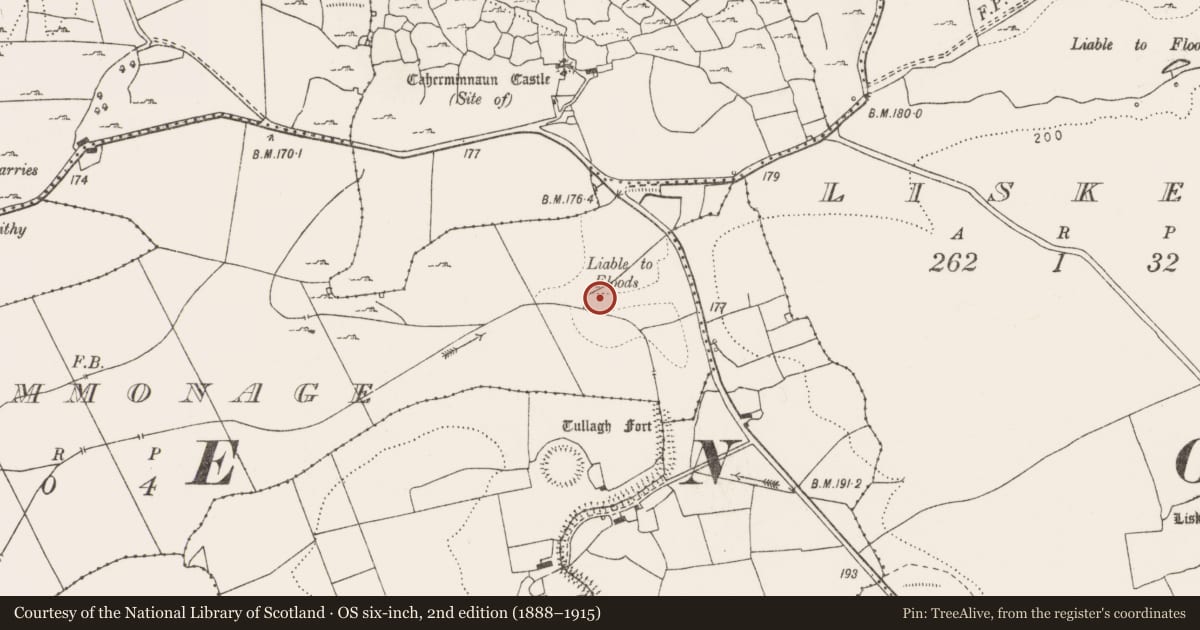 Ordnance Survey six-inch map, 2nd edition (1888–1915) covering the location of Crannog, Commonage, County Clare, with a pin at the register's coordinates