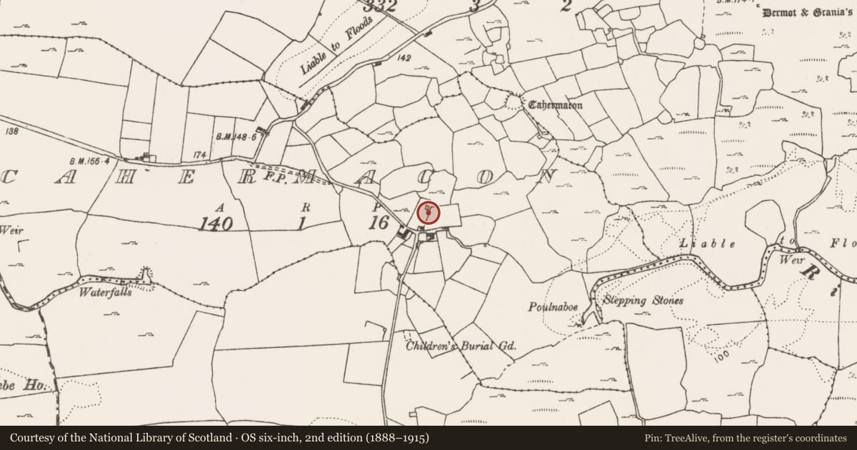 Ordnance Survey six-inch map, 2nd edition (1888–1915) covering the location of Building, Cahermacon, County Clare, with a pin at the register's coordinates