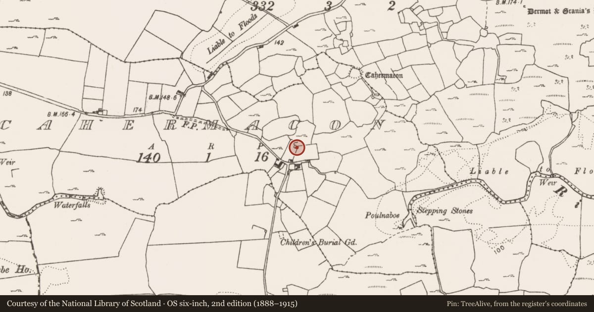 Ordnance Survey six-inch map, 2nd edition (1888–1915) covering the location of Building, Cahermacon, County Clare, with a pin at the register's coordinates
