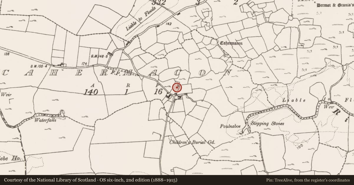 Ordnance Survey six-inch map, 2nd edition (1888–1915) covering the location of Bawn, Cahermacon, County Clare, with a pin at the register's coordinates