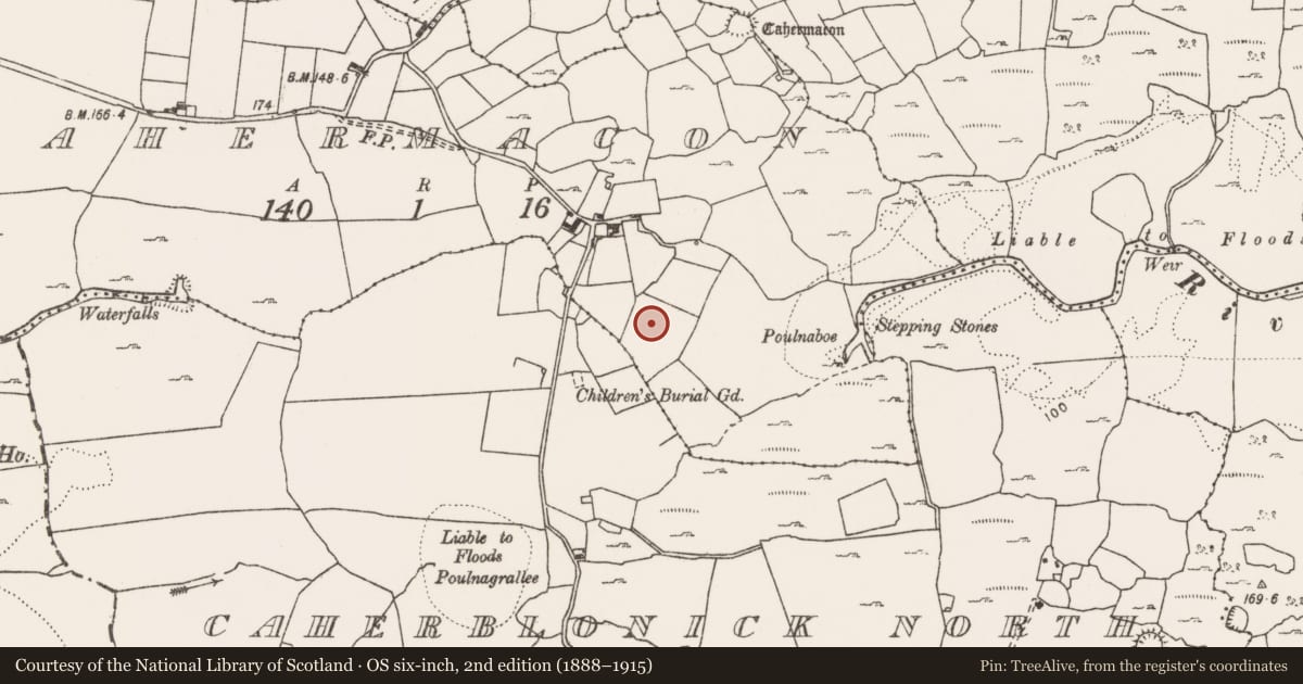 Ordnance Survey six-inch map, 2nd edition (1888–1915) covering the location of Mound, Cahermacon, County Clare, with a pin at the register's coordinates