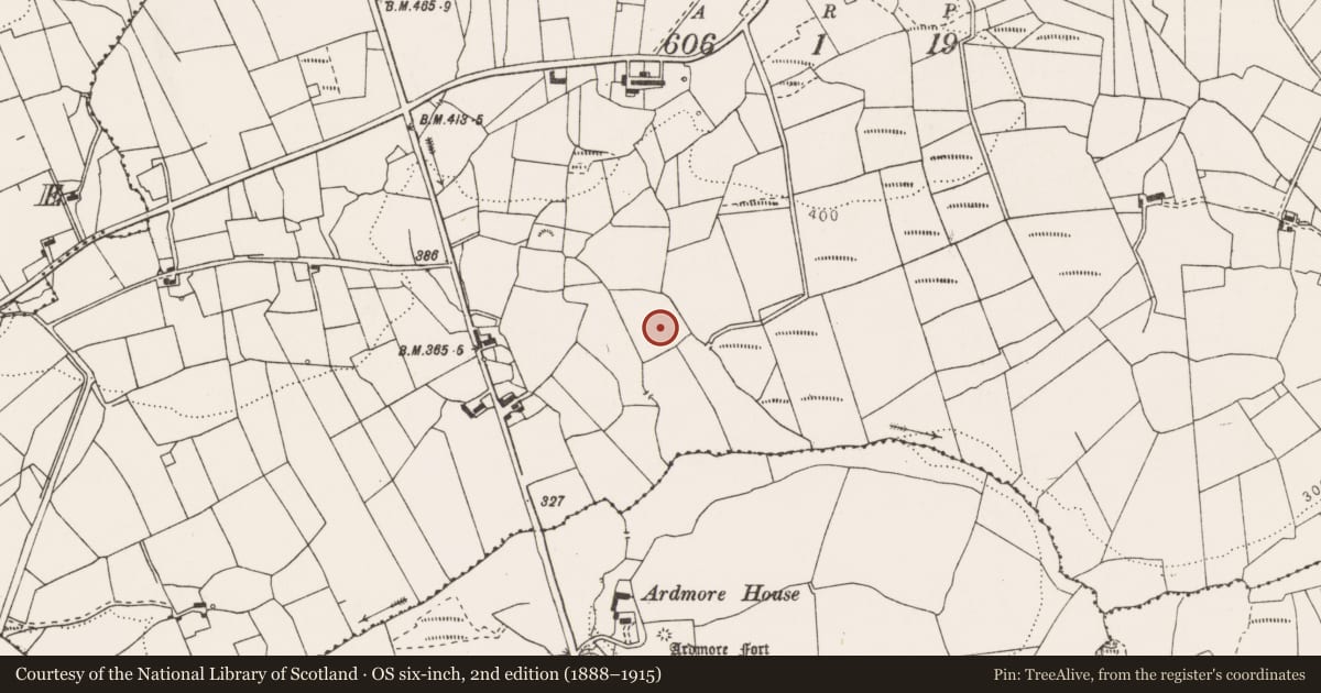 Ordnance Survey six-inch map, 2nd edition (1888–1915) covering the location of Fulacht fia, Cahersherkin, County Clare, with a pin at the register's coordinates