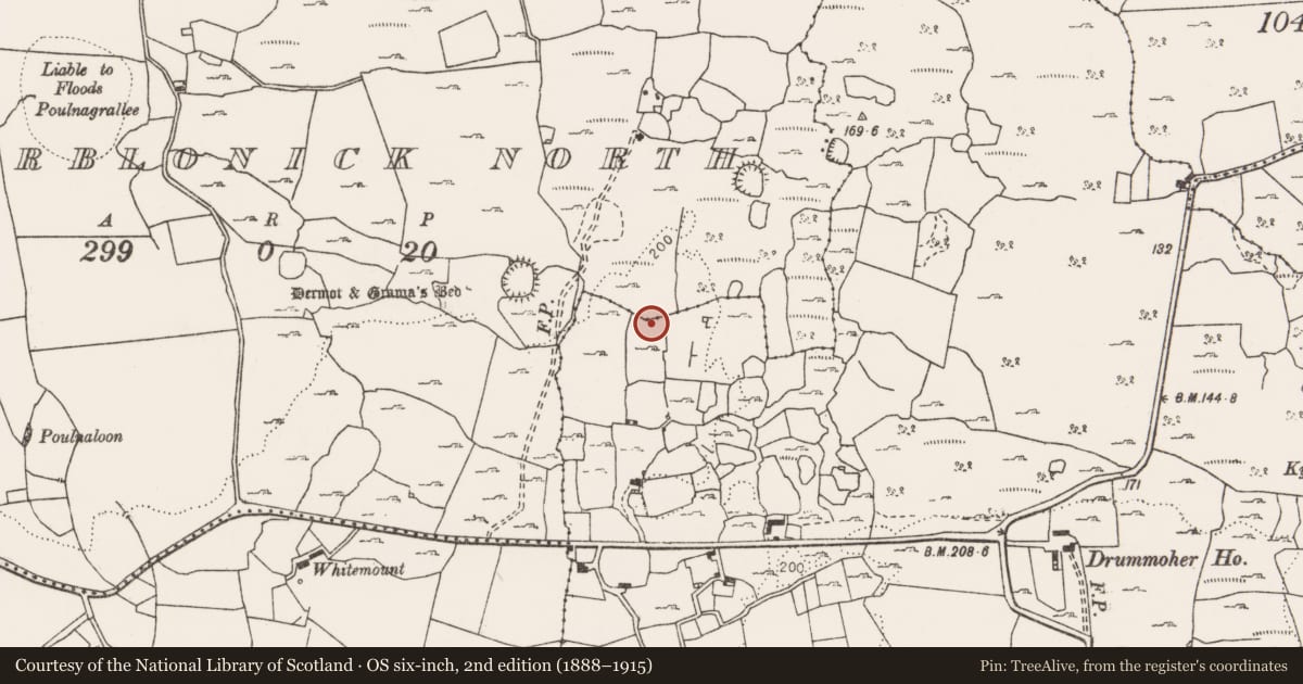 Ordnance Survey six-inch map, 2nd edition (1888–1915) covering the location of Cairn - burial cairn, Drummoher, County Clare, with a pin at the register's coordinates