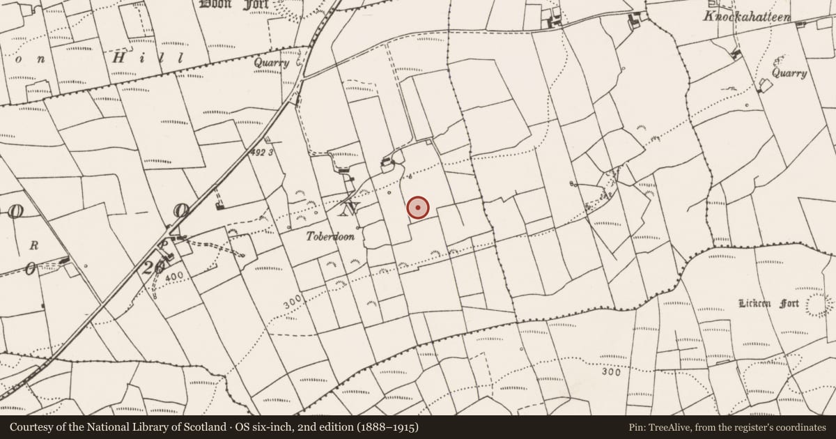Ordnance Survey six-inch map, 2nd edition (1888–1915) covering the location of Barrow - ditch barrow, Doon, County Clare, with a pin at the register's coordinates