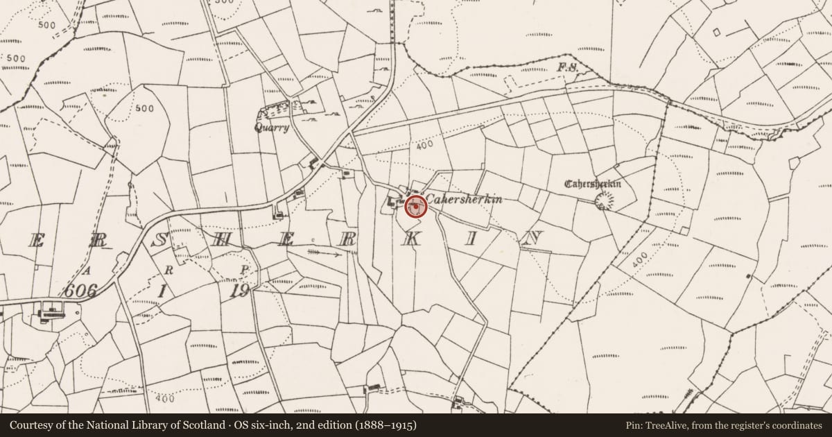 Ordnance Survey six-inch map, 2nd edition (1888–1915) covering the location of Ritual site - holy well, Cahersherkin, County Clare, with a pin at the register's coordinates