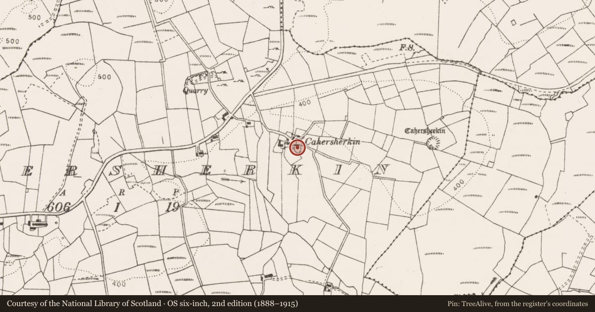 Ordnance Survey six-inch map, 2nd edition (1888–1915) covering the location of Penitential station, Cahersherkin, County Clare, with a pin at the register's coordinates