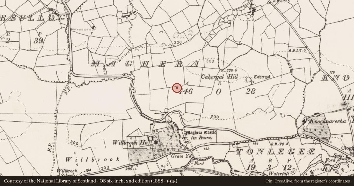 Ordnance Survey six-inch map, 2nd edition (1888–1915) covering the location of Barrow - ring-barrow, Maghera, County Clare, with a pin at the register's coordinates