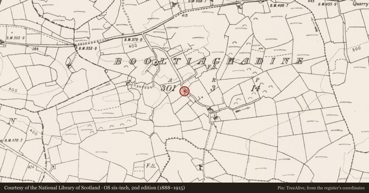 Ordnance Survey six-inch map, 2nd edition (1888–1915) covering the location of Children's burial ground, Booltiaghadine, County Clare, with a pin at the register's coordinates