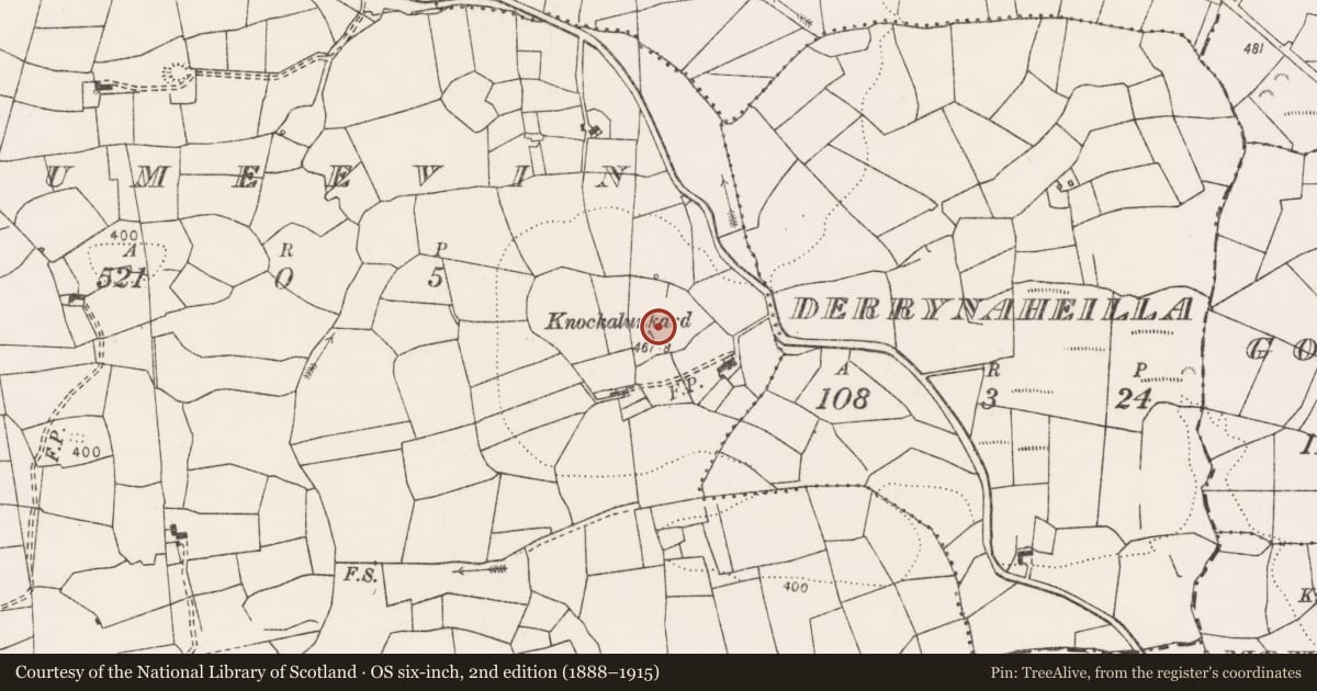 Ordnance Survey six-inch map, 2nd edition (1888–1915) covering the location of Mound, Drumeevin, County Clare, with a pin at the register's coordinates