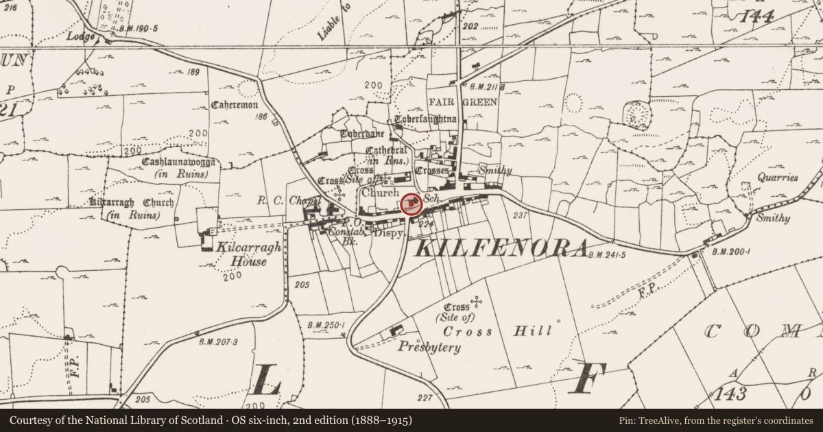 Ordnance Survey six-inch map, 2nd edition (1888–1915) covering the location of Architectural fragment, Kilfenora, County Clare, with a pin at the register's coordinates