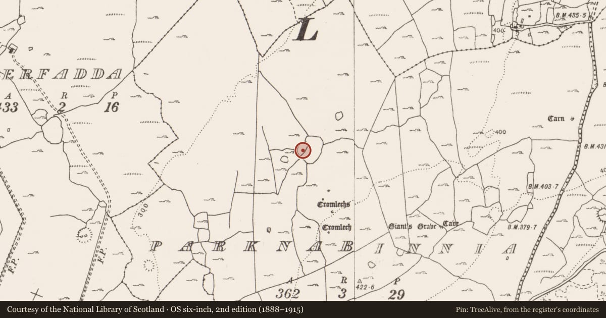 Ordnance Survey six-inch map, 2nd edition (1888–1915) covering the location of Enclosure, Parknabinnia, County Clare, with a pin at the register's coordinates