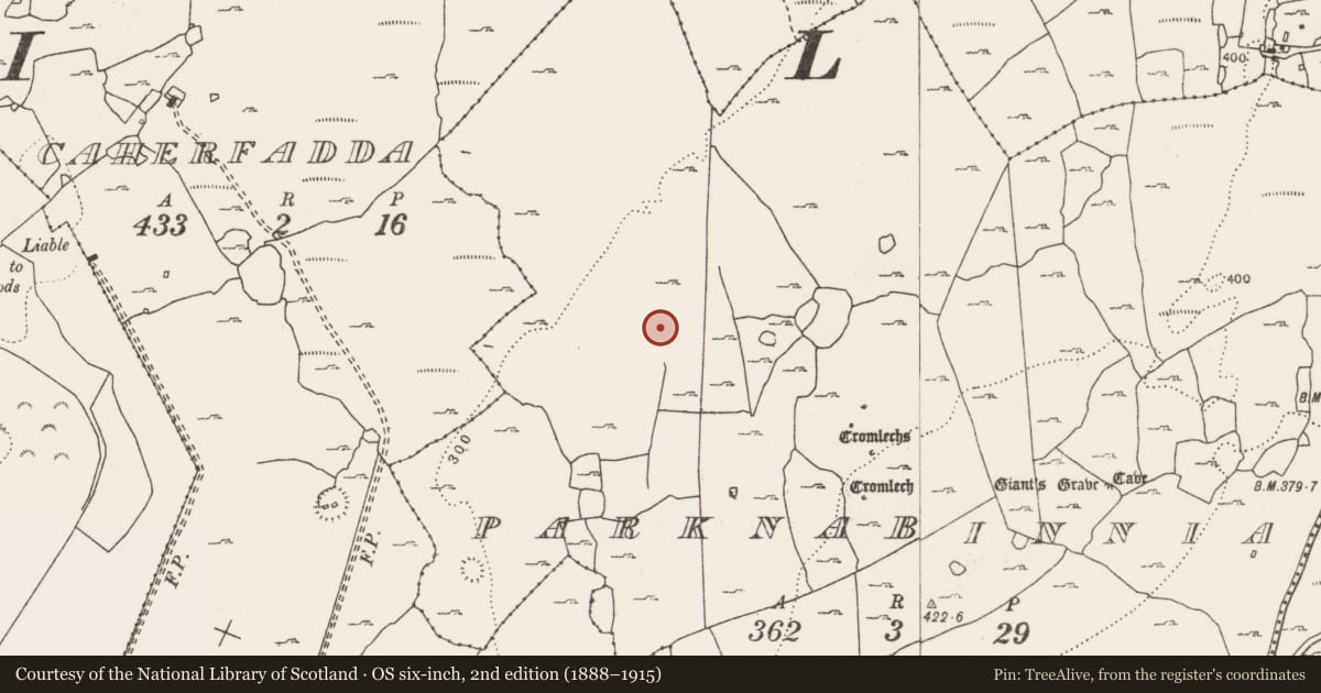 Ordnance Survey six-inch map, 2nd edition (1888–1915) covering the location of Enclosure, Parknabinnia, County Clare, with a pin at the register's coordinates