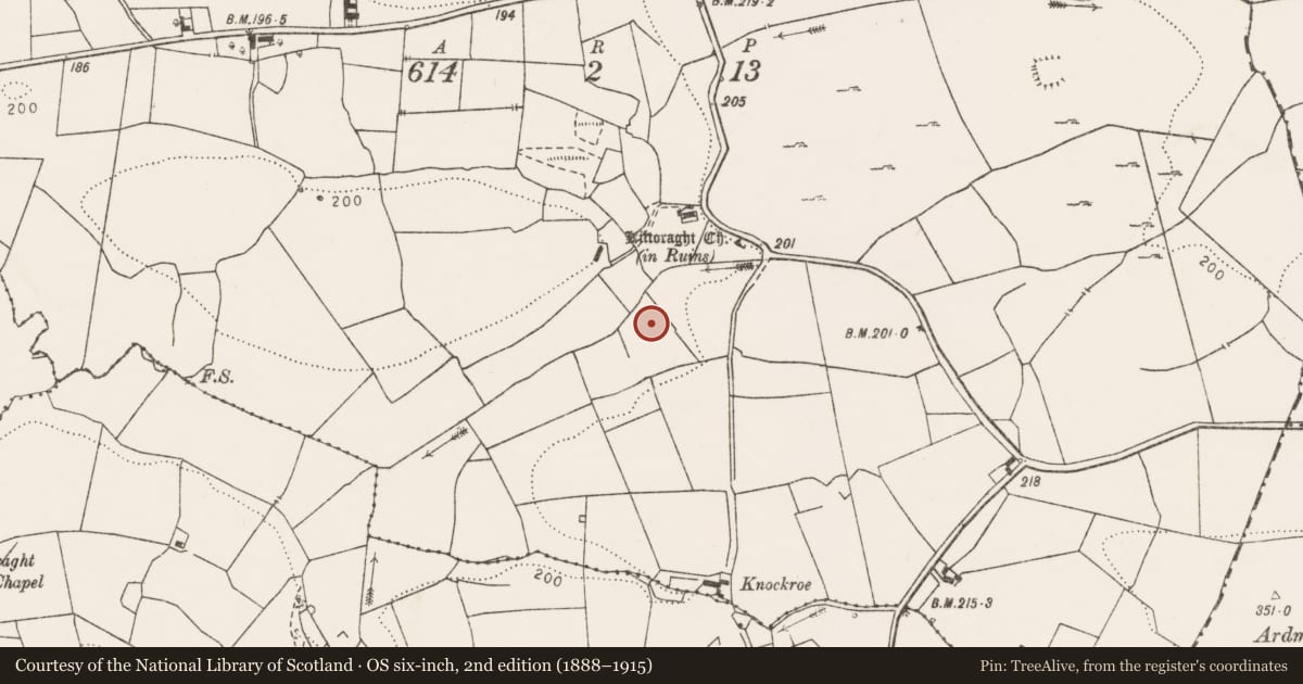 Ordnance Survey six-inch map, 2nd edition (1888–1915) covering the location of Barrow - ring-barrow, Knockroe, County Clare, with a pin at the register's coordinates