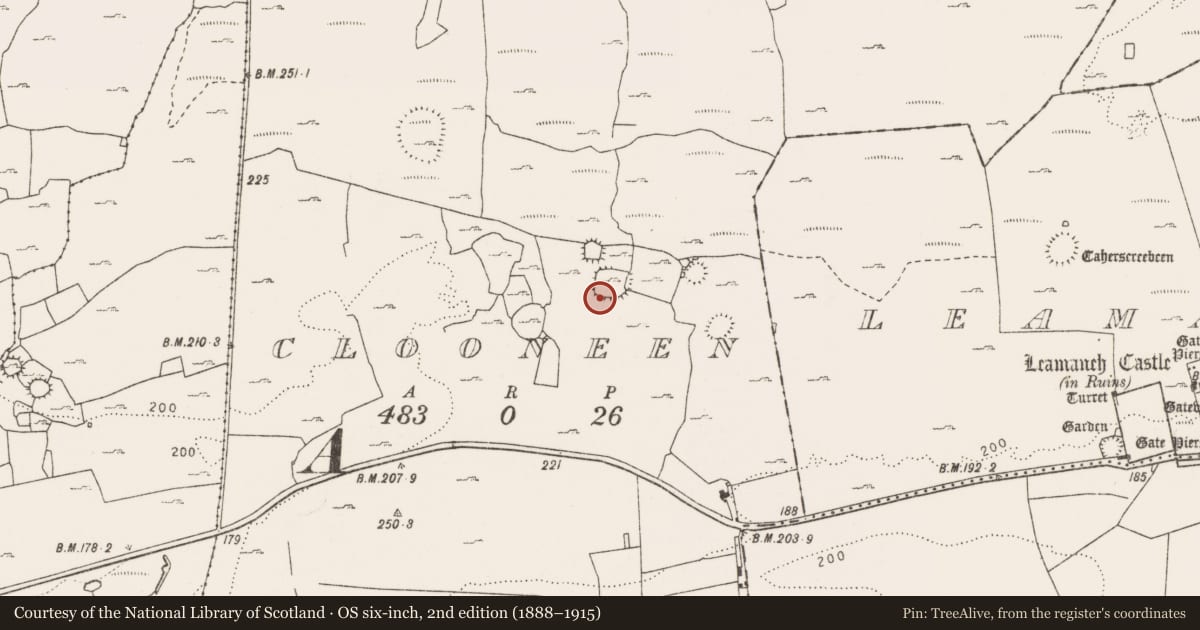 Ordnance Survey six-inch map, 2nd edition (1888–1915) covering the location of House - indeterminate date, Clooneen, County Clare, with a pin at the register's coordinates
