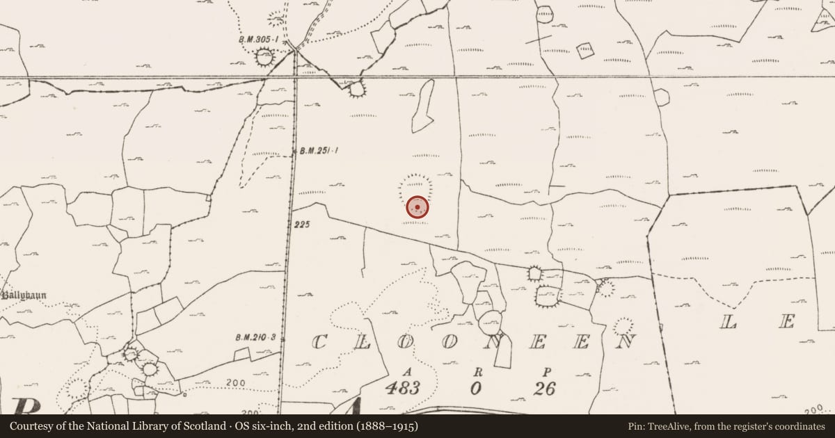 Ordnance Survey six-inch map, 2nd edition (1888–1915) covering the location of Hut site, Clooneen, County Clare, with a pin at the register's coordinates