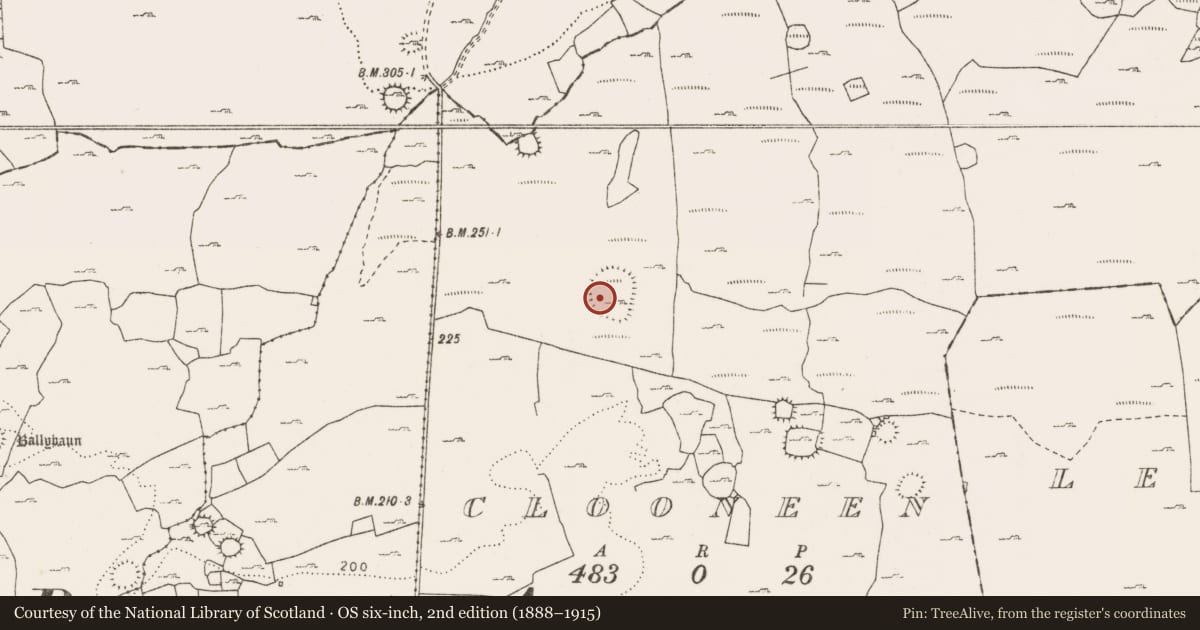Ordnance Survey six-inch map, 2nd edition (1888–1915) covering the location of House - indeterminate date, Clooneen, County Clare, with a pin at the register's coordinates