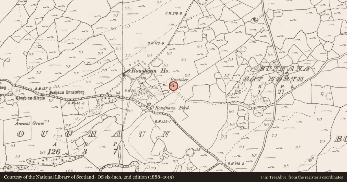 Ordnance Survey six-inch map, 2nd edition (1888–1915) covering the location of Fulacht fia, Leana, County Clare, with a pin at the register's coordinates