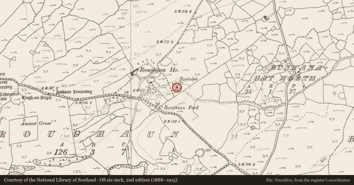 Ordnance Survey six-inch map, 2nd edition (1888–1915) covering the location of Fulacht fia, Leana, County Clare, with a pin at the register's coordinates